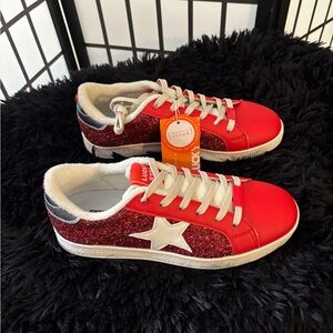 Animale Red Glitter Star Lace-Up Athletic Sneakers